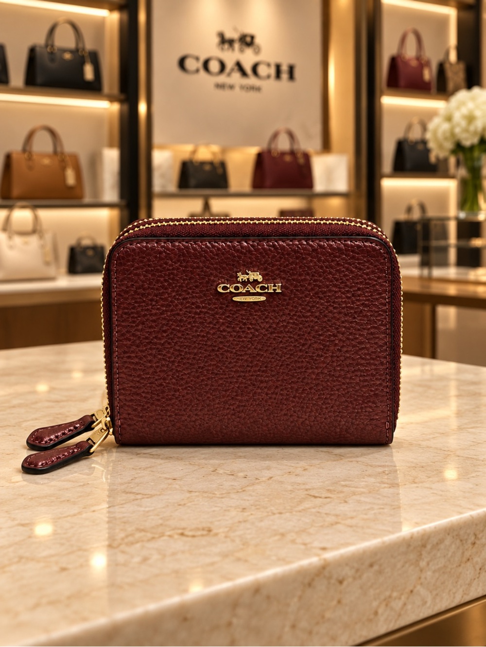 COACH Burgundy Pebbled Leather Zip Wallet with Gold Logo